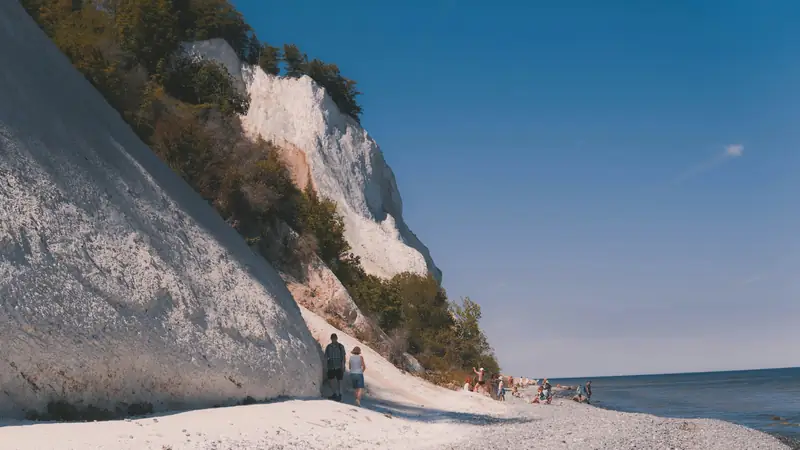Ljusa kalkklippor och strand vid Møns Klint